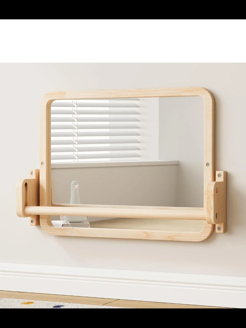 Wall-Mounted Natural Wood Vanity Mirror with Safety Rail - Light Beige